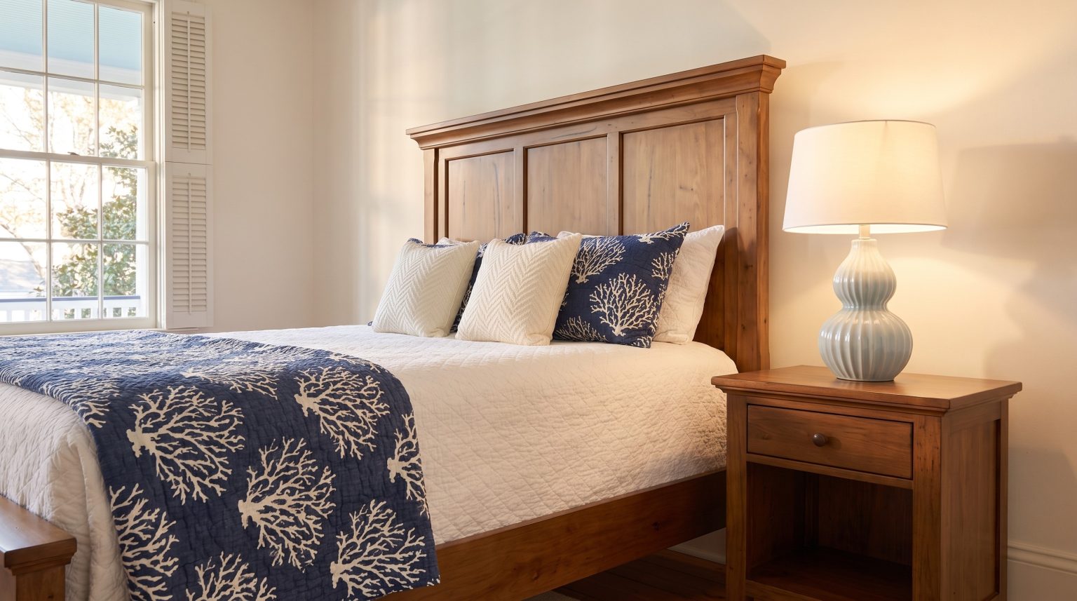 Cornice headboard and nightstand: Three recessed panels under a stepped cornice, beside the one-drawer stand.