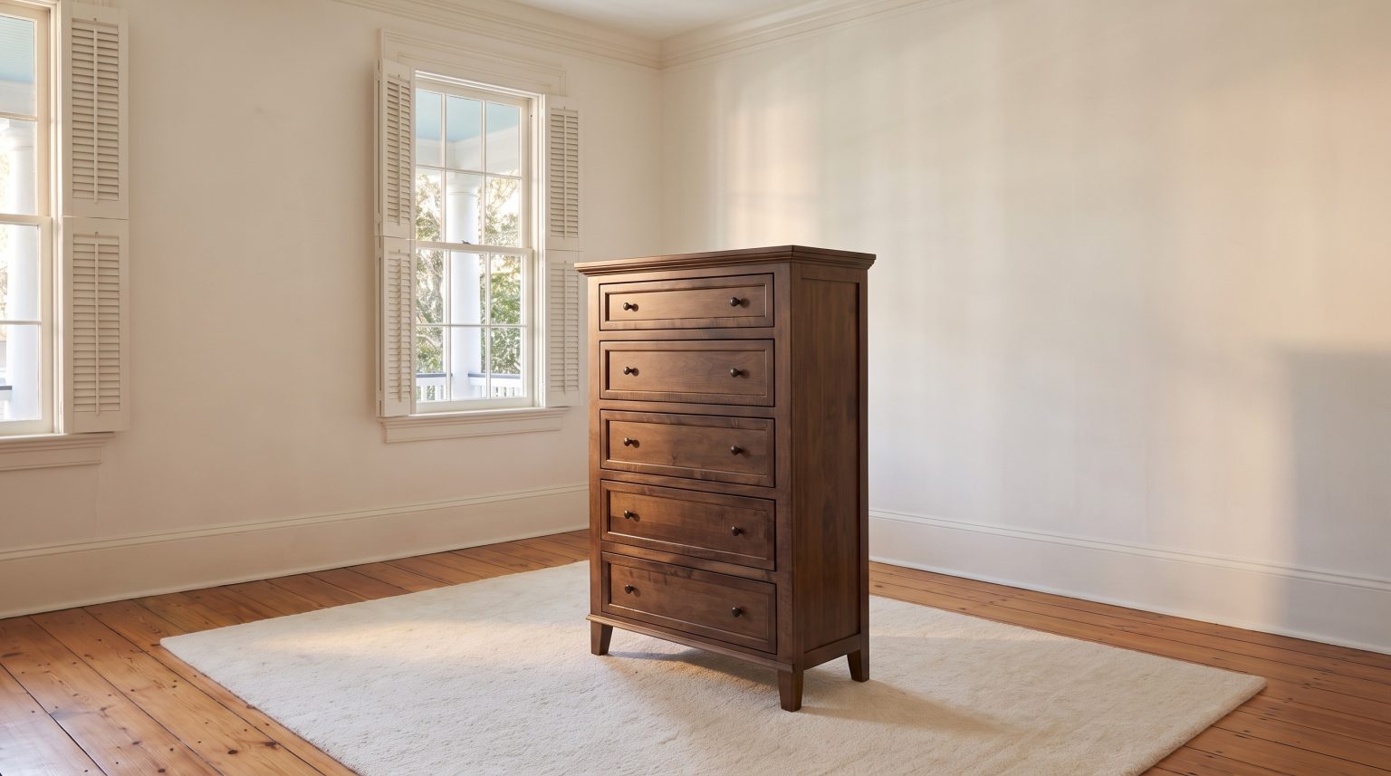 The five-drawer chest: Graduated drawers with two small bronze knobs each.