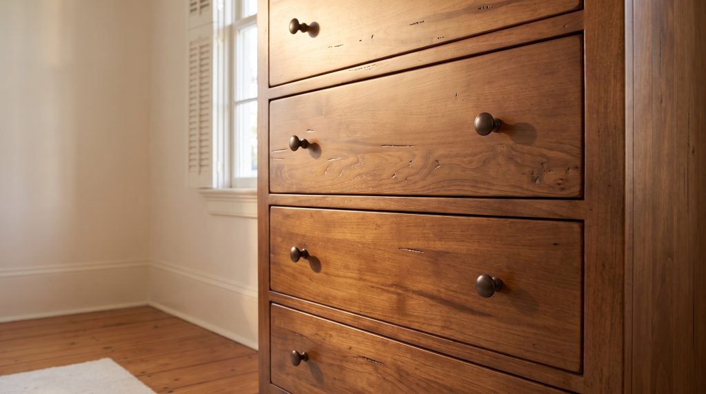 Bronze knobs: Round dark knobs on character-marked brown drawer fronts.