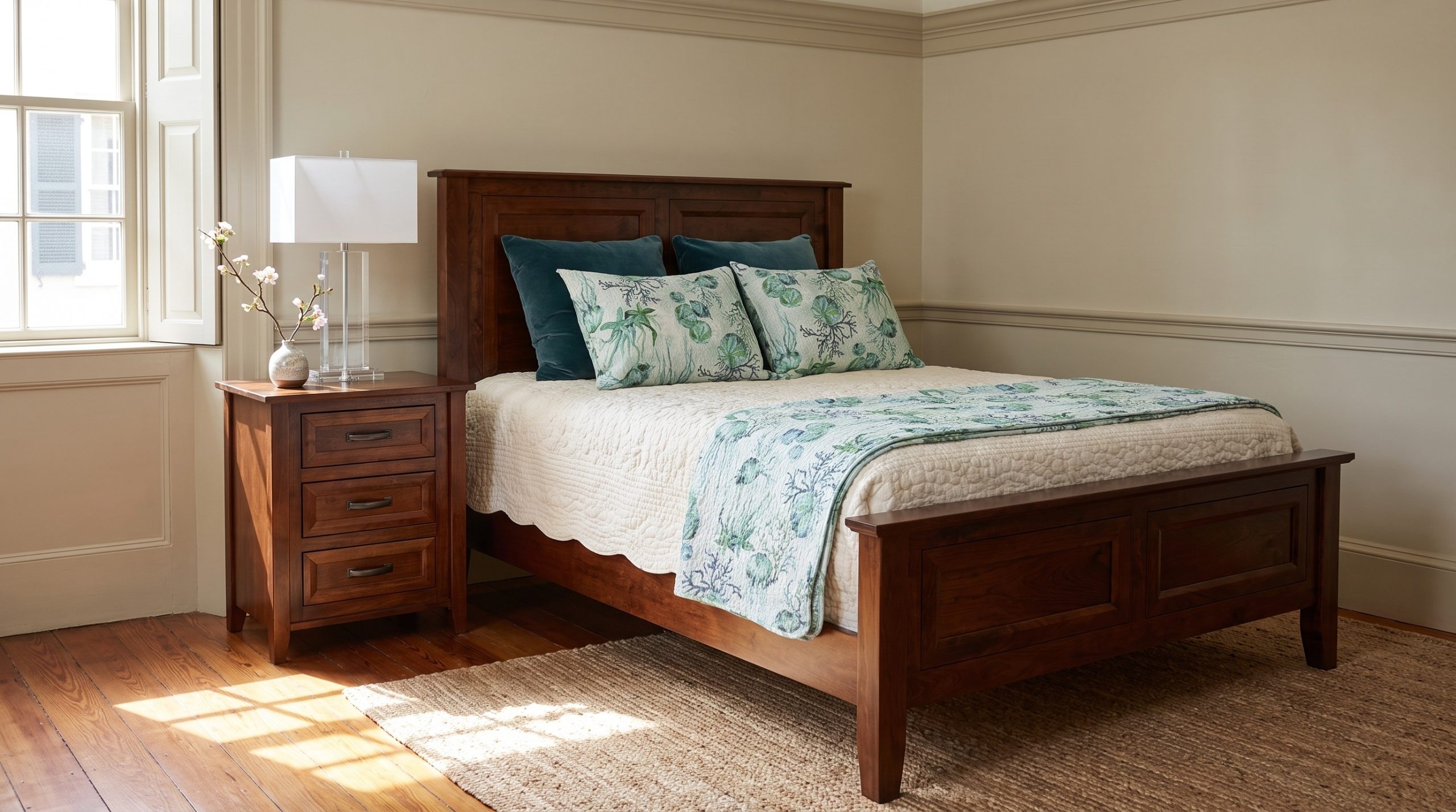 A deep cherry panel bed with a heavy two-panel footboard and a three-drawer cherry nightstand with bronze bar pulls, in a Georgian bedroom in downtown Charleston.