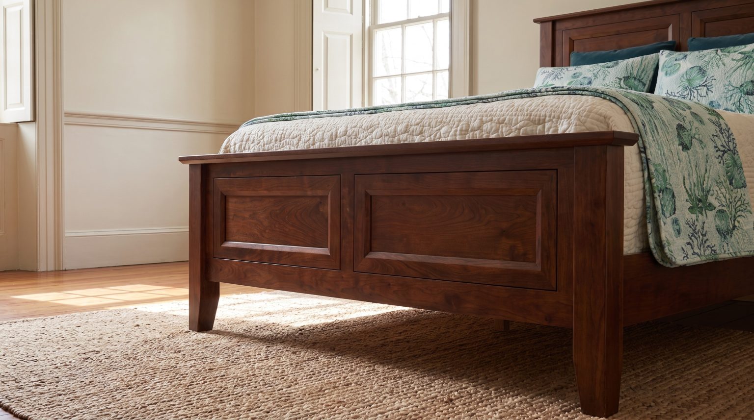 The heavy footboard: Two wide recessed panels in deep cherry.