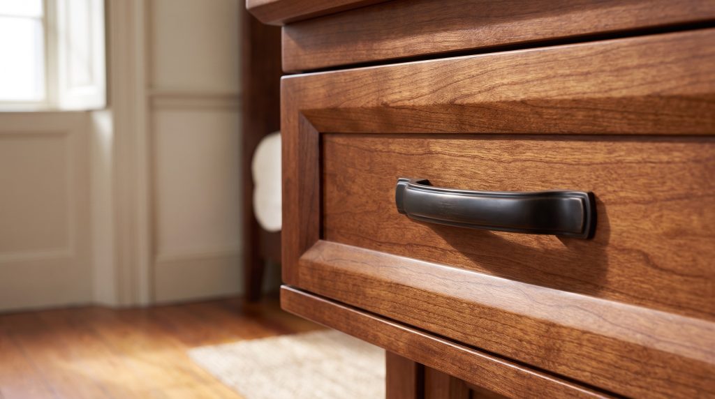 Bronze on cherry: A curved bronze pull on a cherry drawer front.