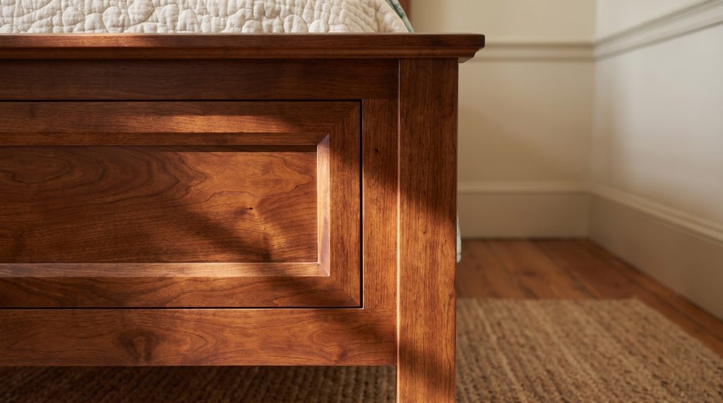 A recessed panel: Winter light across a footboard panel and its molded edge.