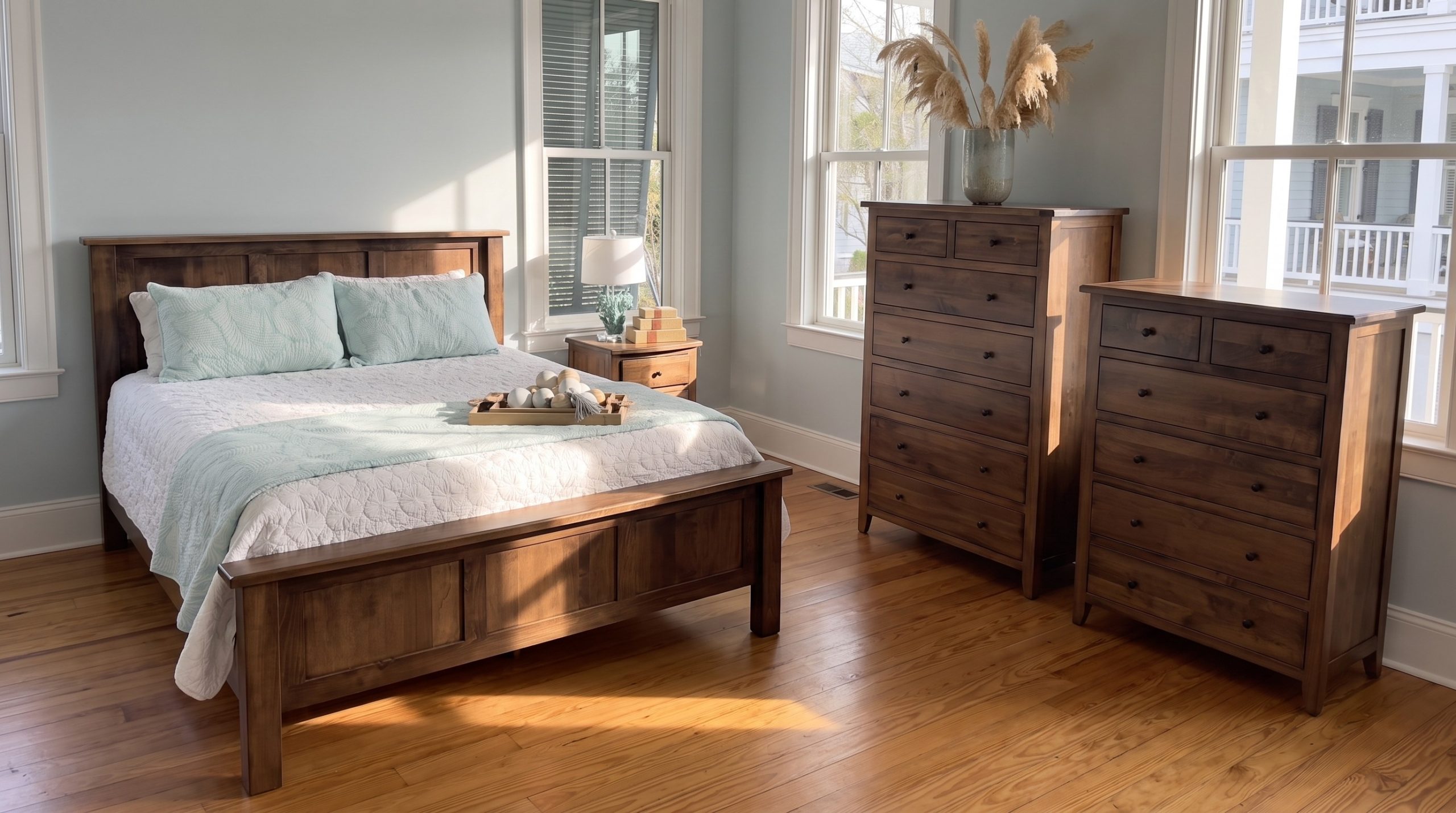 A brown maple panel bed with square posts, two tall chests of different heights and a three-drawer nightstand, in an I'On raised porch house in Mount Pleasant.