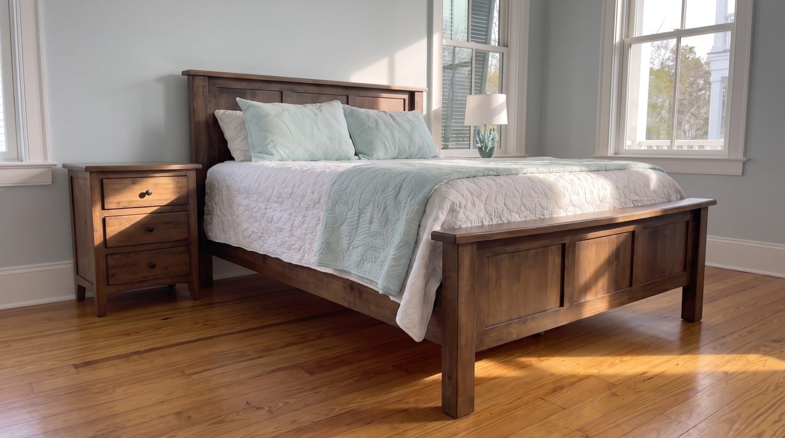 Bed and nightstand: A paneled headboard beside a three-drawer stand.