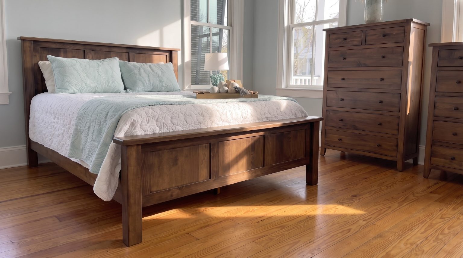 The paneled footboard: Recessed panels between plain square posts.
