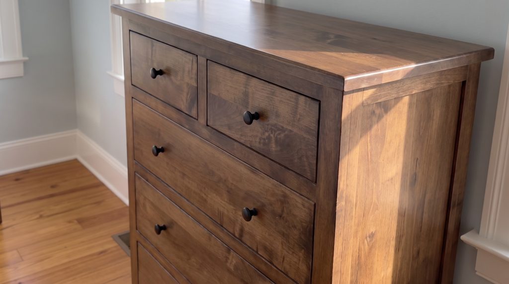 Black knobs, brown maple: Two small top drawers over a full-width drawer.
