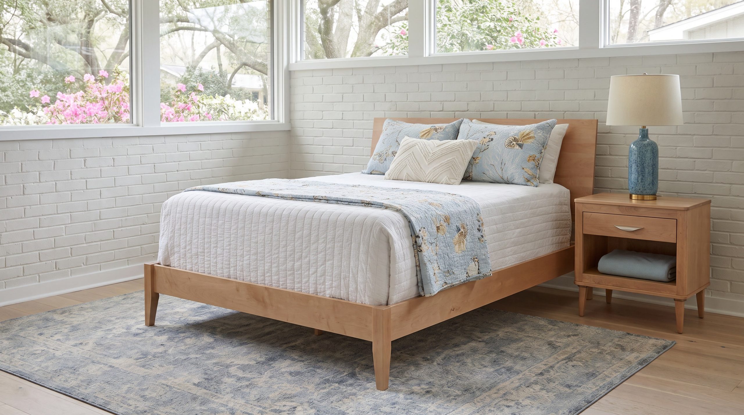 A low pale maple bed on slim tapered legs with a one-drawer nightstand over an open shelf, in a modernized West Ashley ranch house.