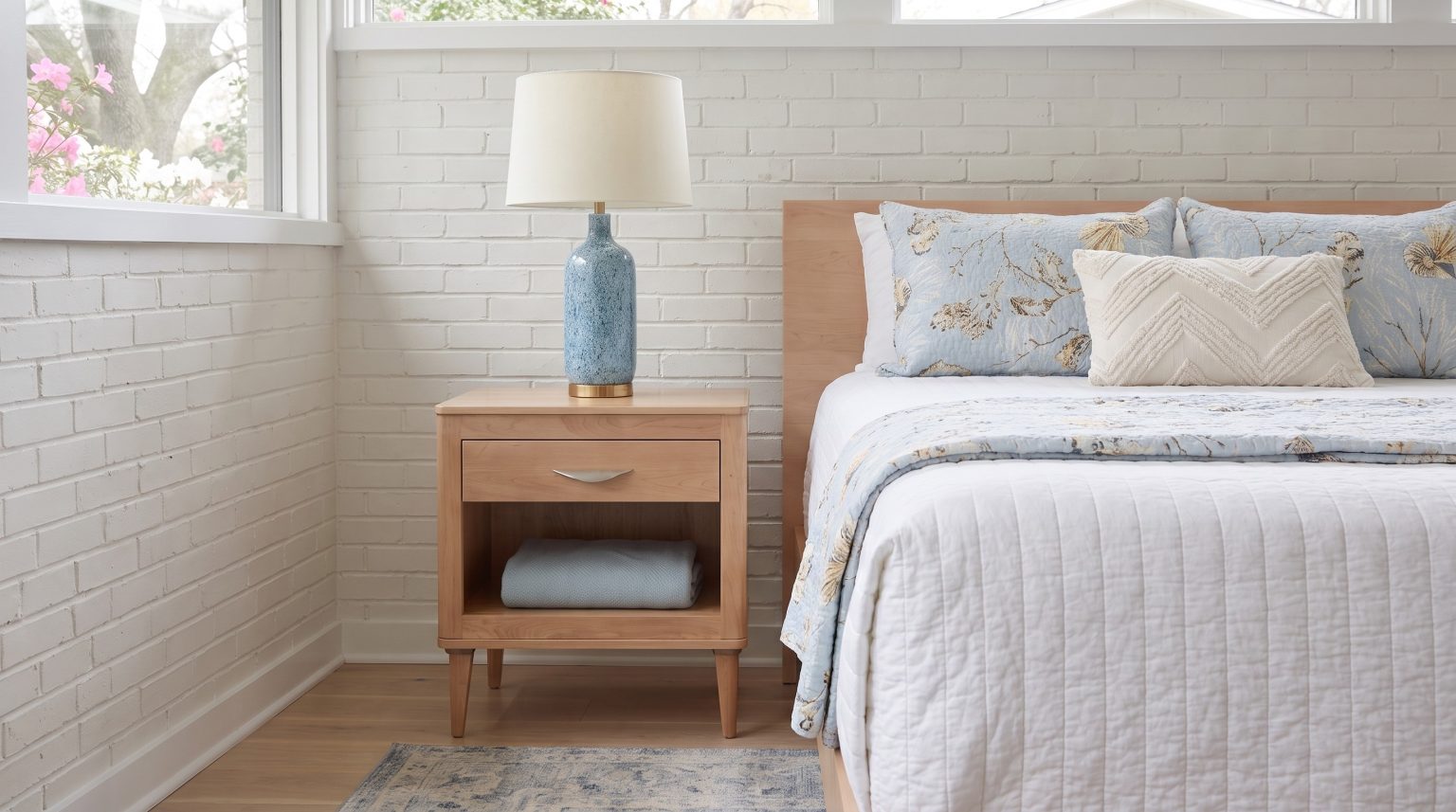 Headboard and nightstand: A plain maple headboard beside a one-drawer stand with an open shelf.