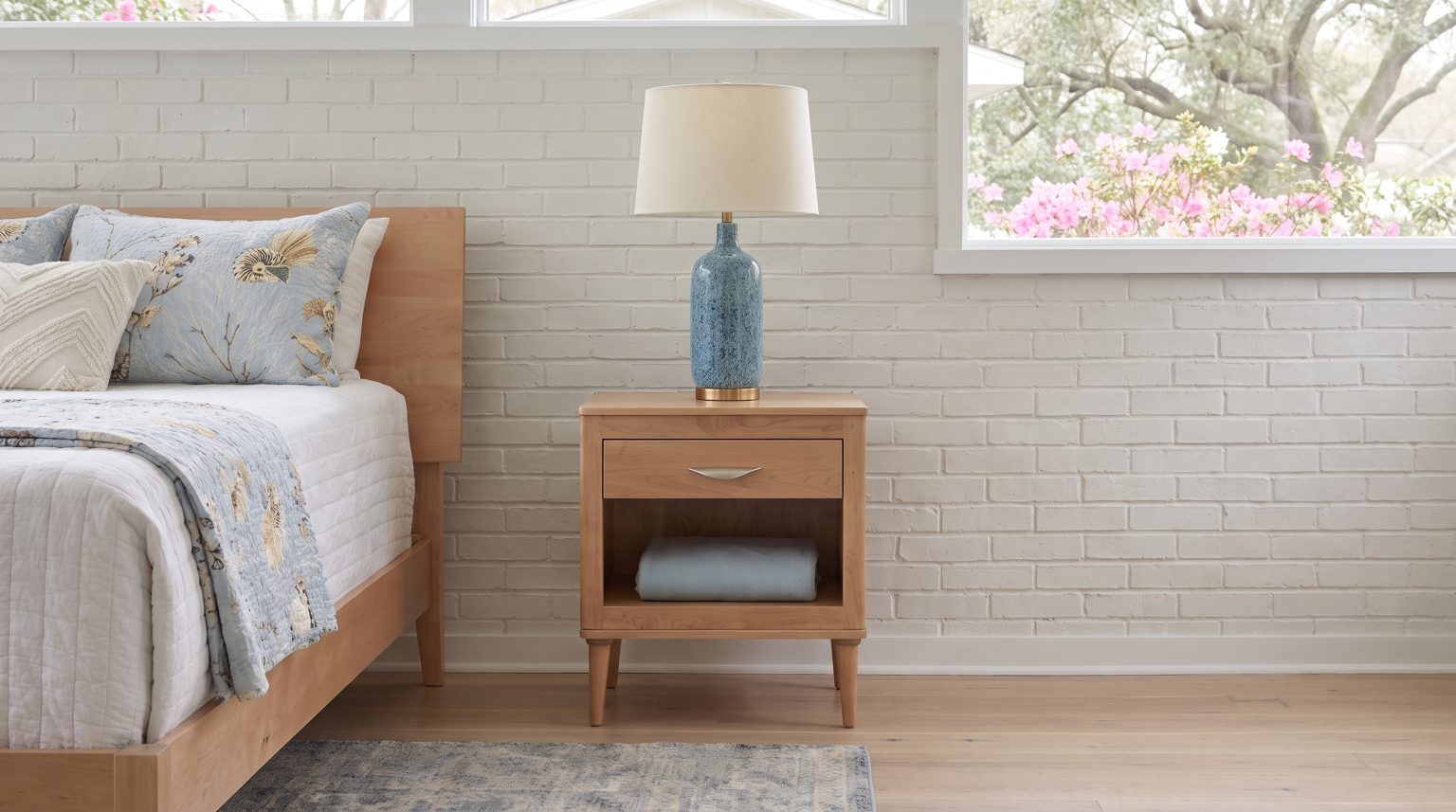 The maple nightstand: One drawer over an open shelf on slim tapered legs.