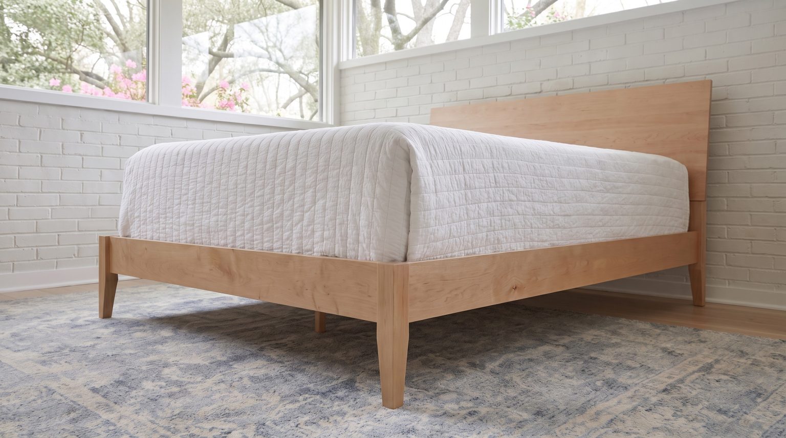 Low rails, tapered legs: The bed frame with nothing but rail and leg.