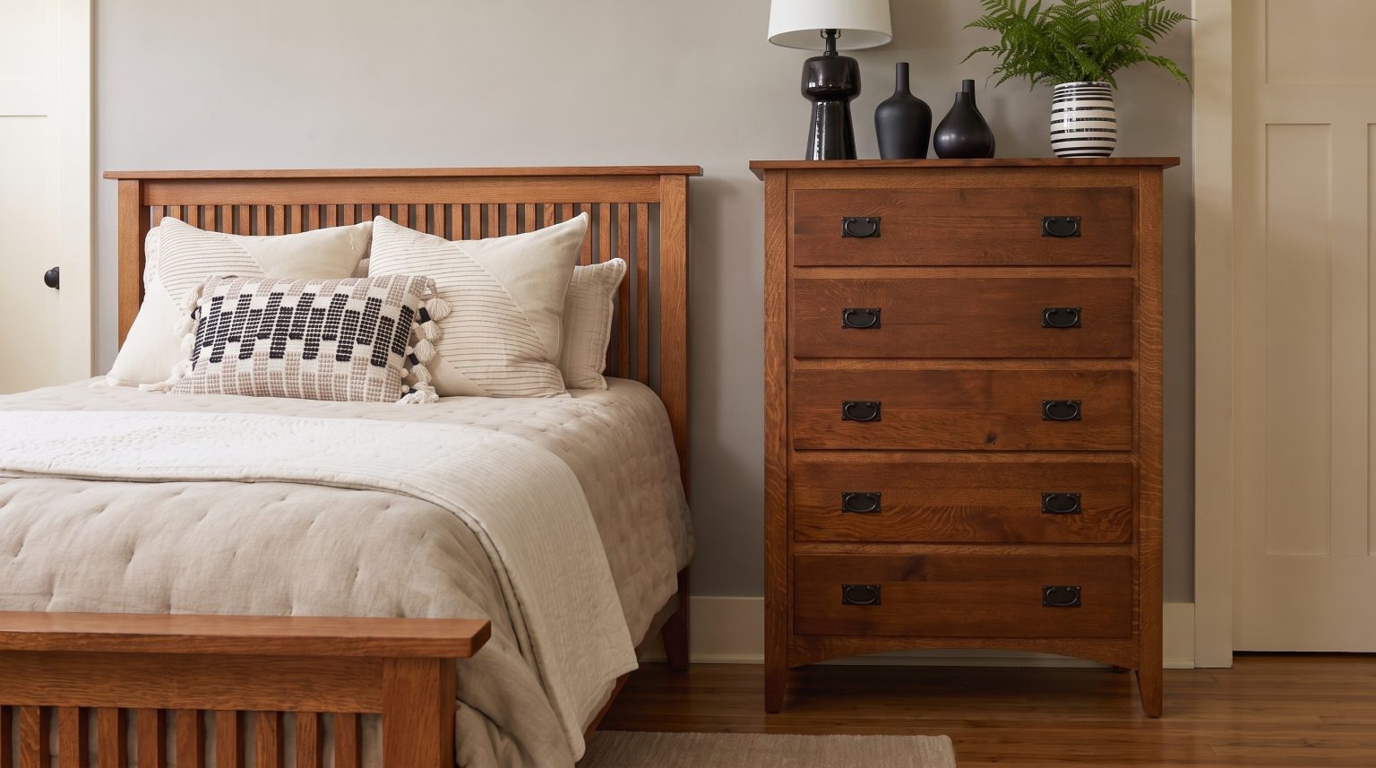 Slatted headboard and chest: The Mission headboard beside the five-drawer chest.