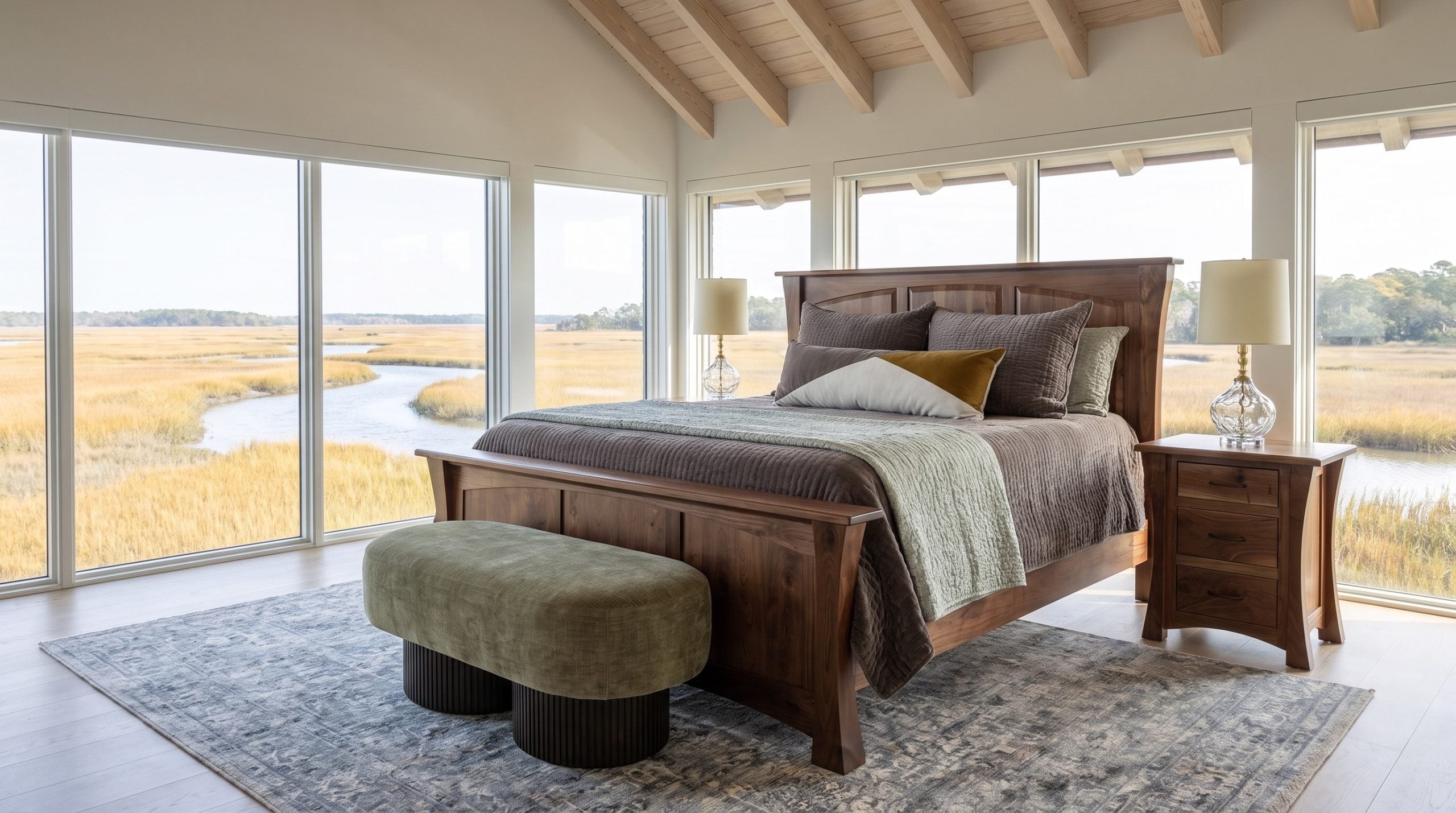 A walnut bed with softly arched headboard panels and flared legs, a three-drawer flared nightstand and an olive chenille bench, in a Kiawah marsh-front bedroom.