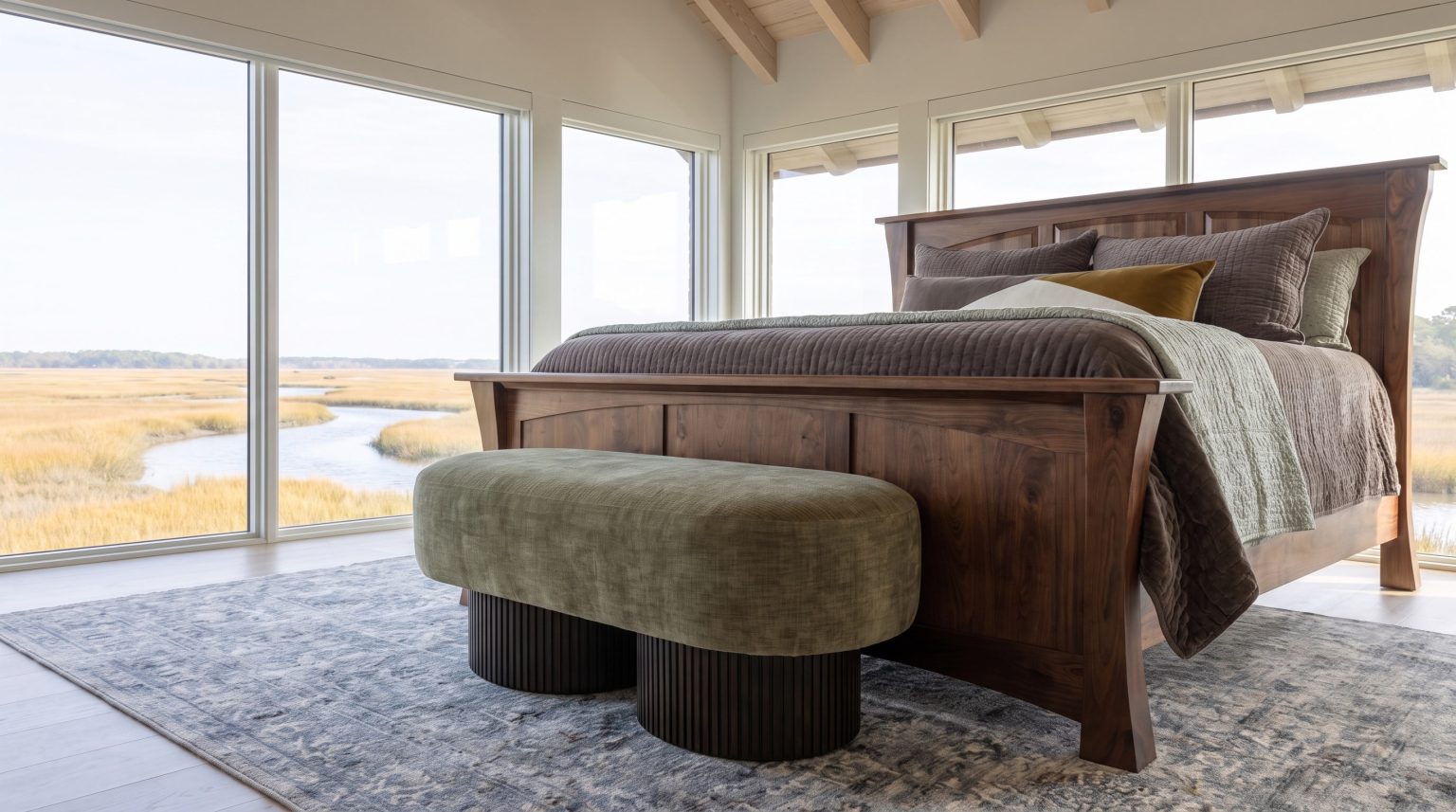 Bench at the foot: Olive chenille on fluted bases in front of the walnut footboard.