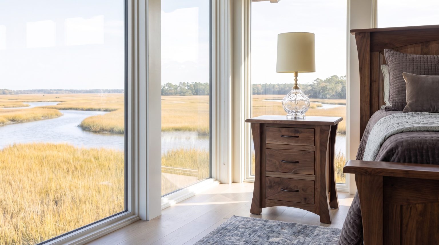 The walnut nightstand: Three drawers between sides that flare into curved legs.