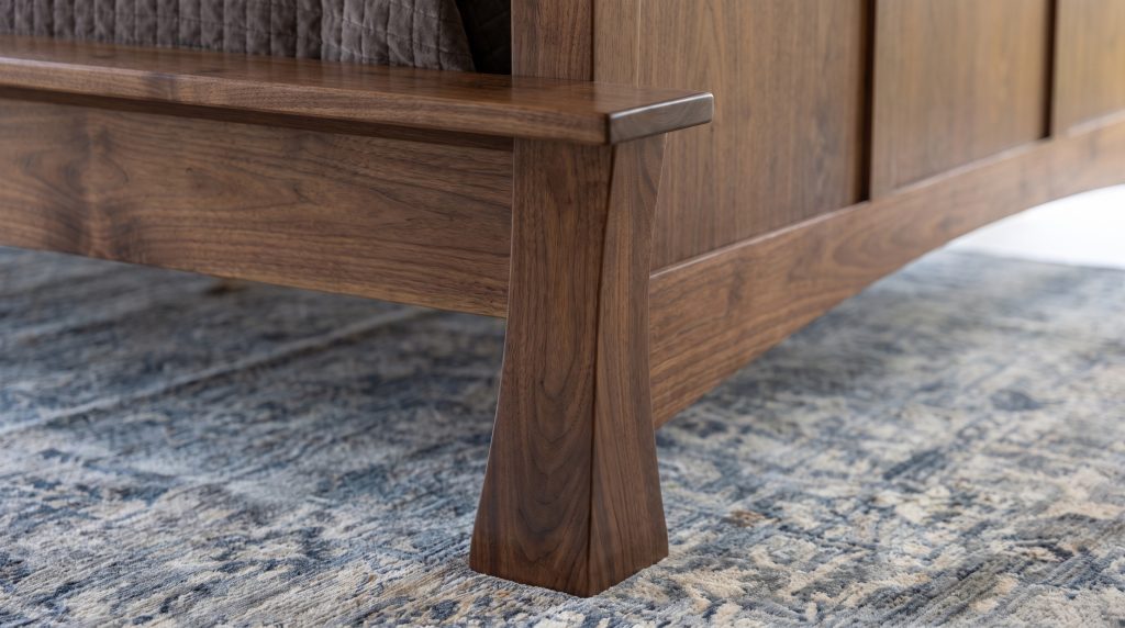 The flared leg: A walnut footboard leg sweeping out toward the floor.