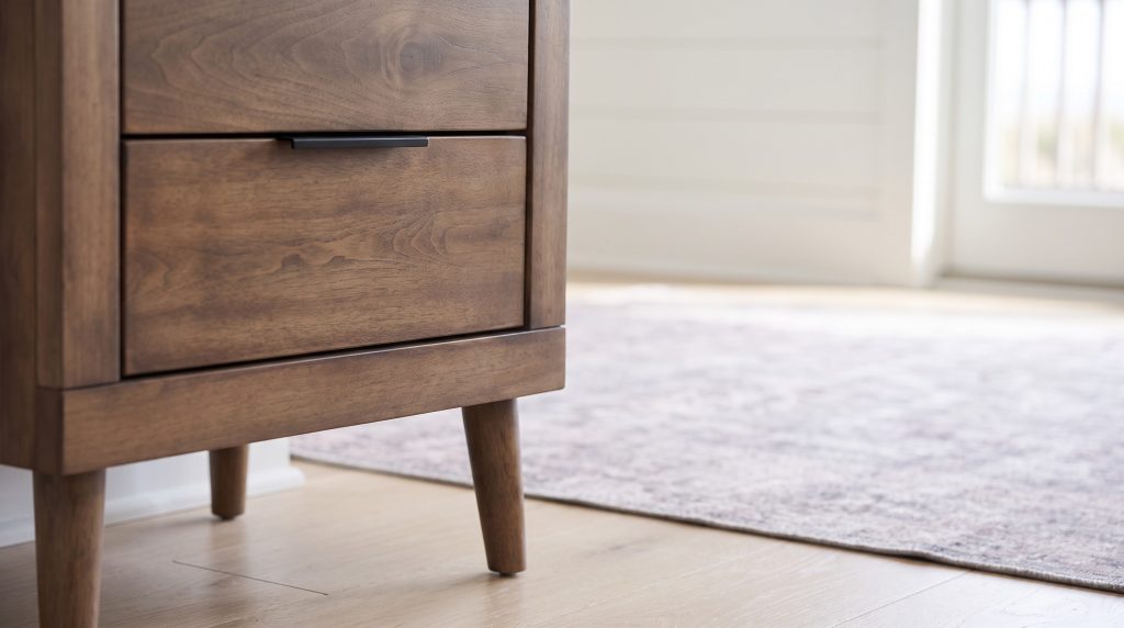 Bar pull and tapered leg: A slim black pull above a round tapered leg.