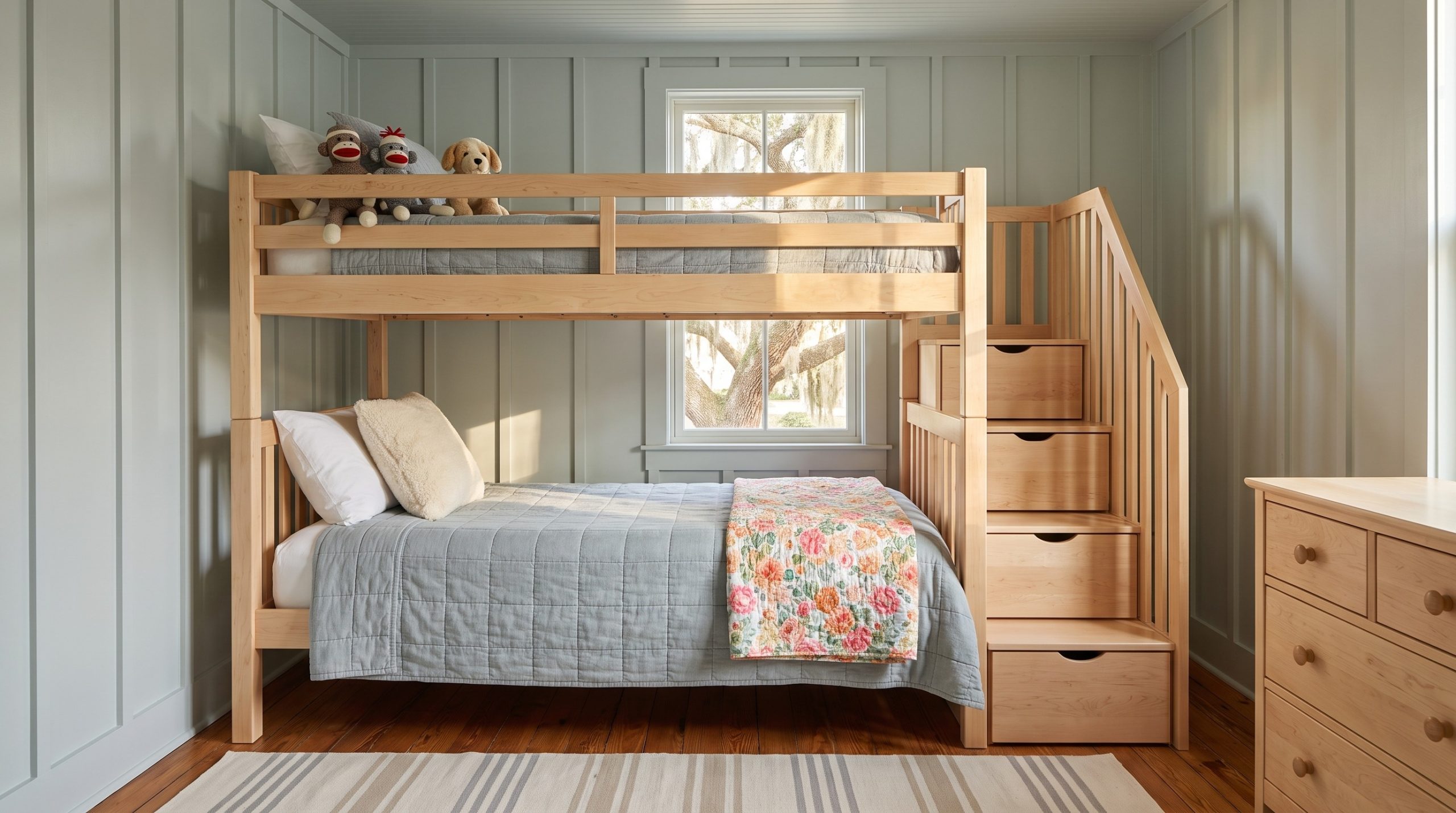A pale maple twin bunk bed with a built-in storage staircase of four drawer steps and a full top rail, with a matching dresser, in a Sullivan's Island cottage.