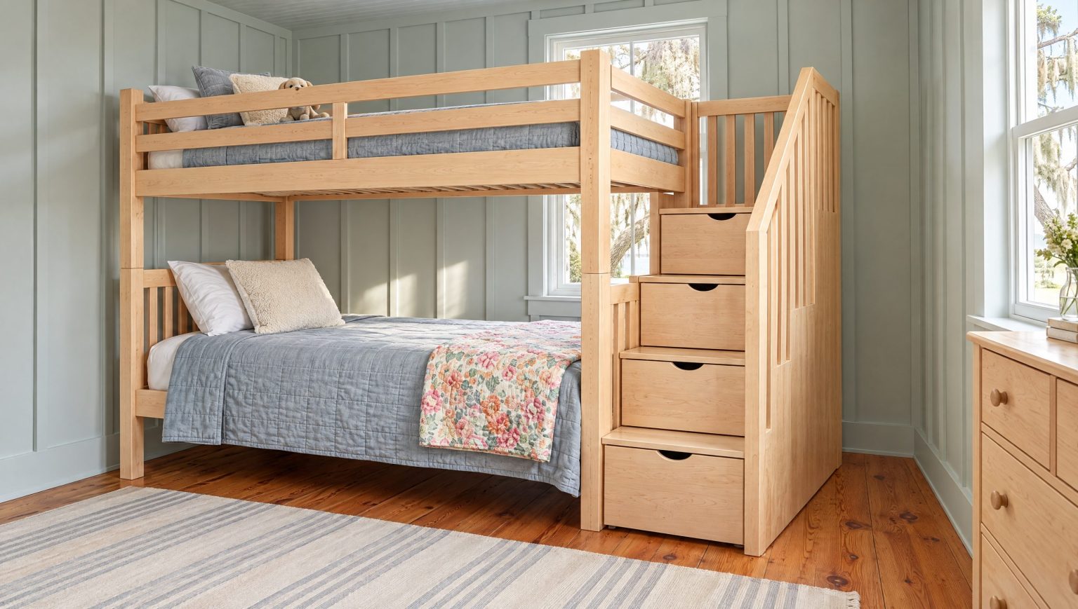 The storage staircase: Four box steps, each a drawer, beside a slatted handrail.