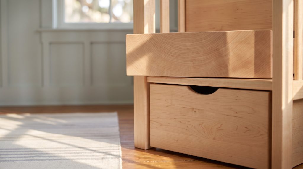 A step that opens: A stair tread over its drawer and finger-pull cutout.