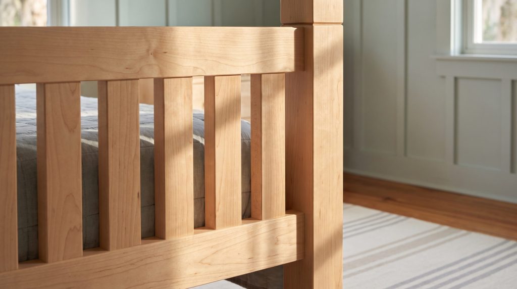The slatted end: Pale maple slats meeting a square post.