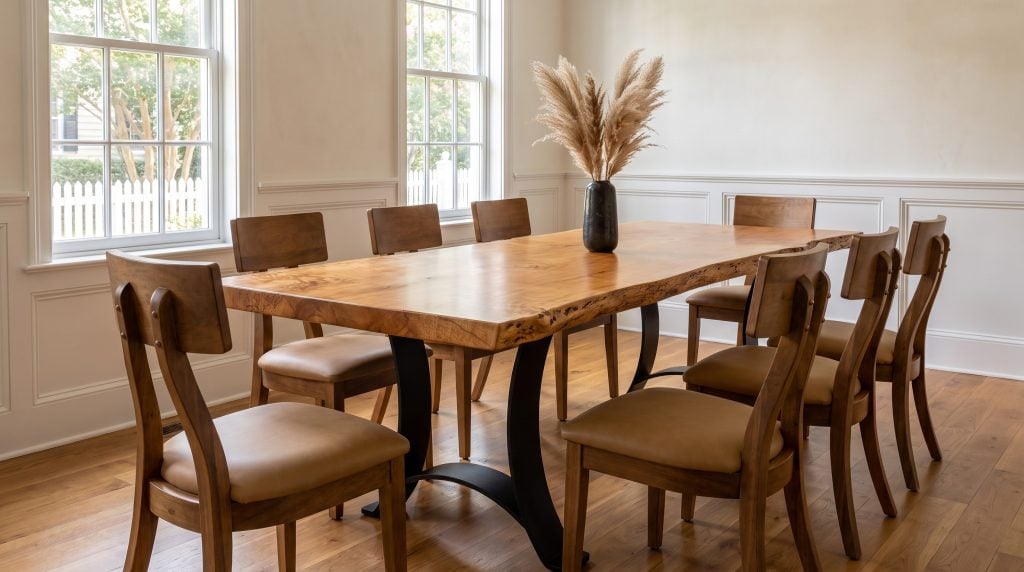 A golden live-edge dining table on black steel bases of two curved legs joined by a low arch, with wood chairs that have bolted block backrests and tan seats, in an Old Village dining room.