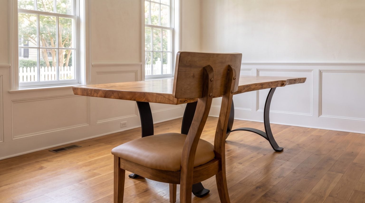 The dining chair: A flat backrest block bolted to two curving stiles.