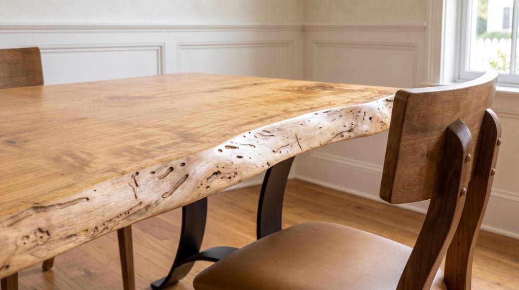 The live edge: A pale pitted edge under a golden satin top.