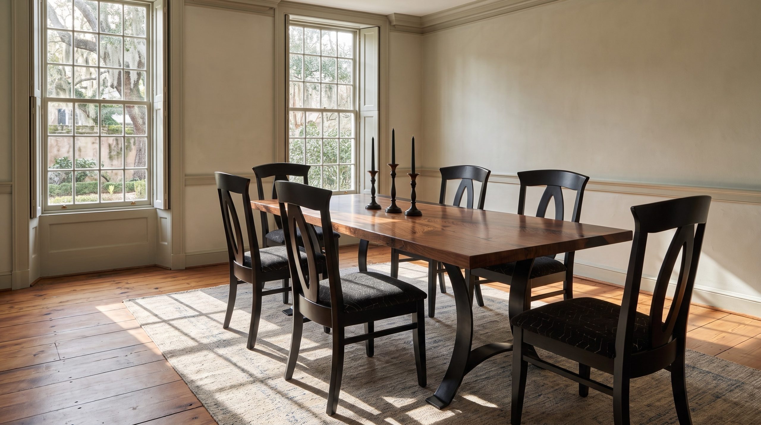 A long live-edge walnut dining table on a black crescent-leg base with six black oval-back chairs in a Georgian dining room with pale plaster walls and tall shuttered windows.