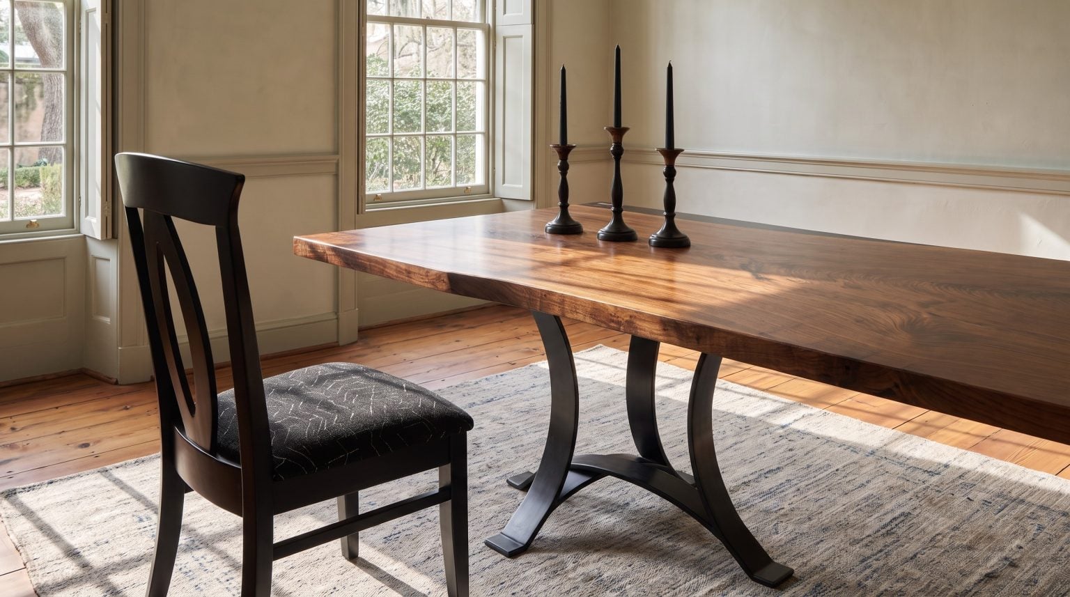 Table and chair: The live edge and thick slab with one black chair pulled up.