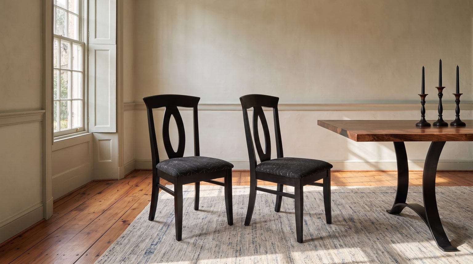 The oval-back chair: An open oval splat under a curved top rail, in satin black.