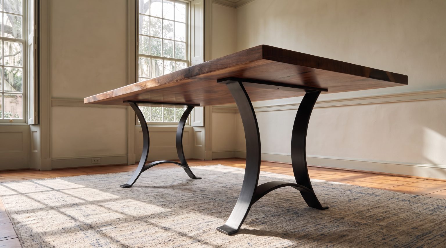The crescent base: Two curved black steel legs sweeping out to the floor.