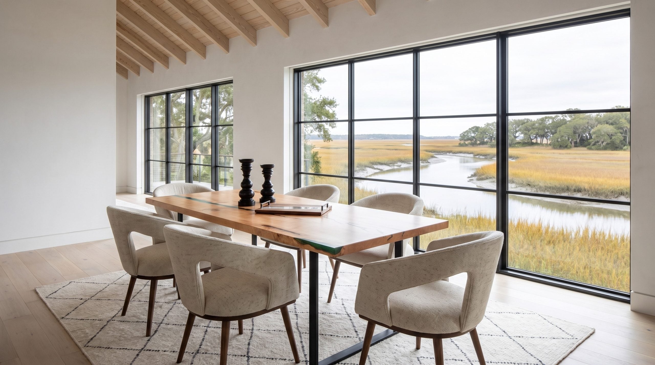 A pale maple dining table with a narrow emerald-green resin river and six oatmeal boucle open-back chairs in a Kiawah great room with glazing onto an autumn marsh.