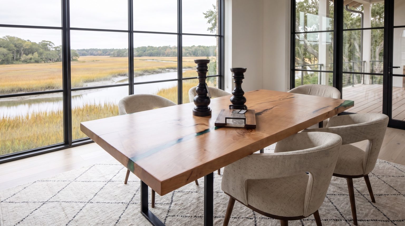 The river table: Pale maple with a narrow emerald river on a slim black base.