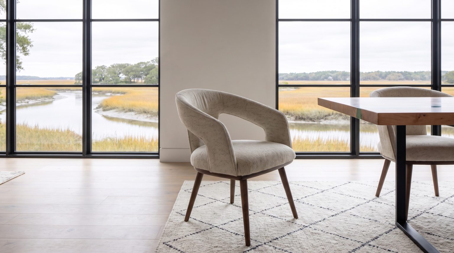 The tub chair: An open horseshoe back in oatmeal boucle on tapered walnut legs.