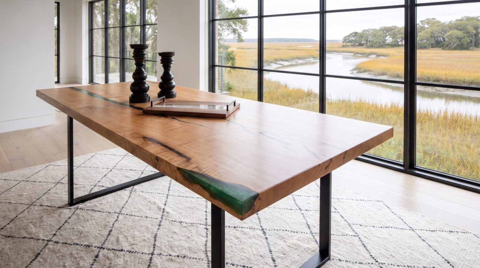 River and base: The green resin at the end grain and the slim black steel base.