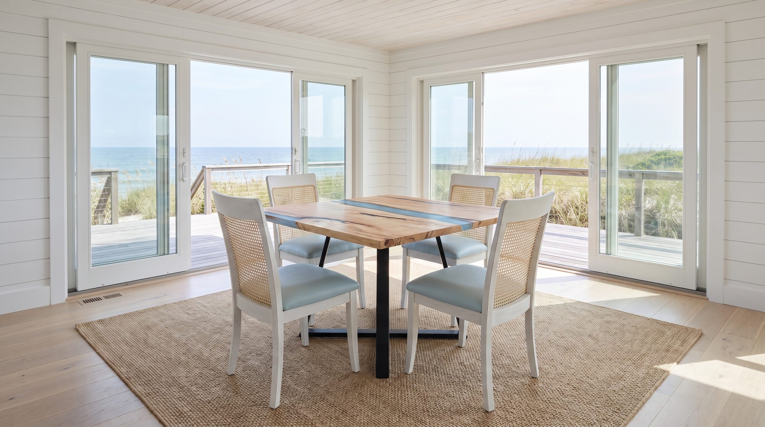 A square spalted maple table with a pale blue resin river and four white cane-back chairs with powder-blue seats in an Isle of Palms beachfront room.