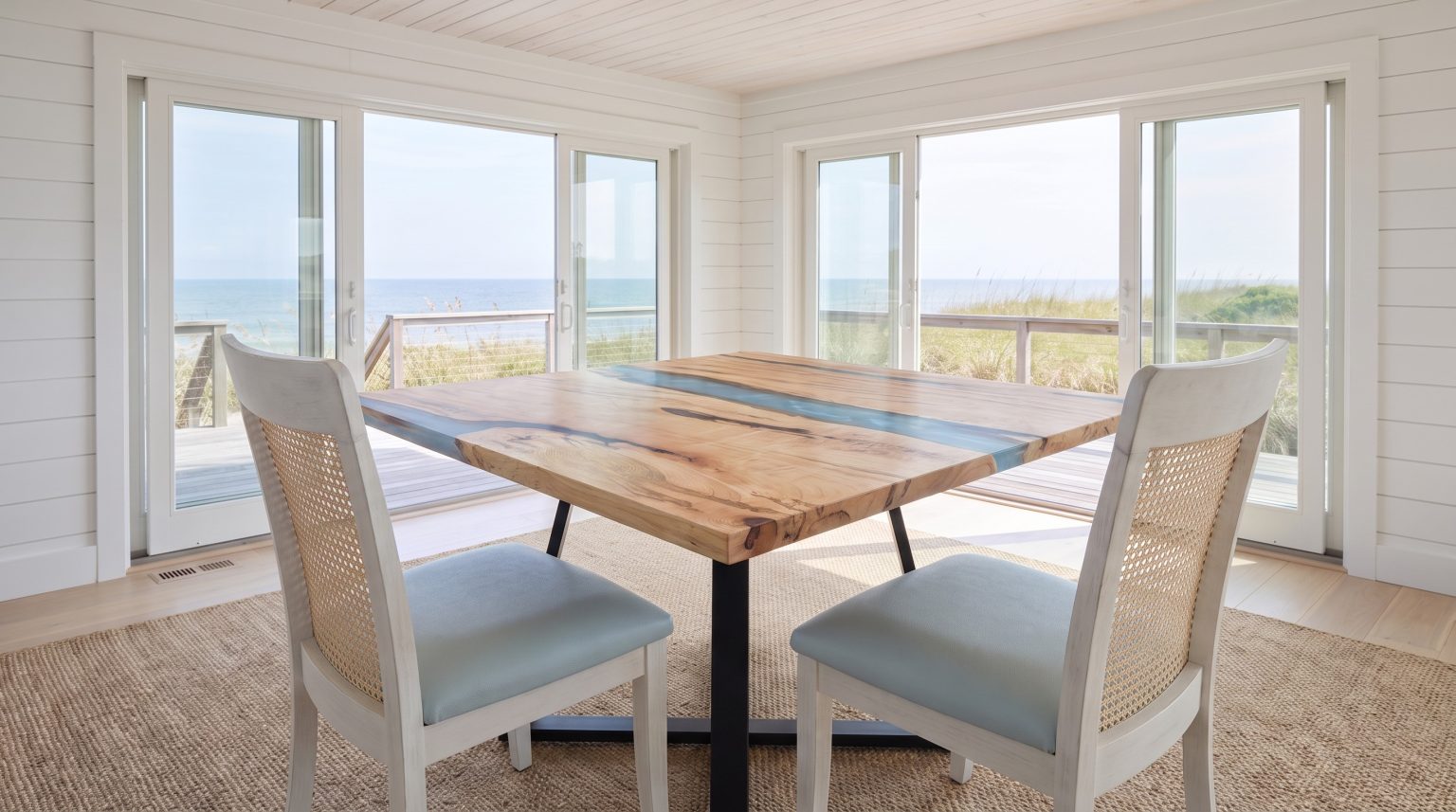 Table and chairs: The square river top with two cane-back chairs by the sliders.