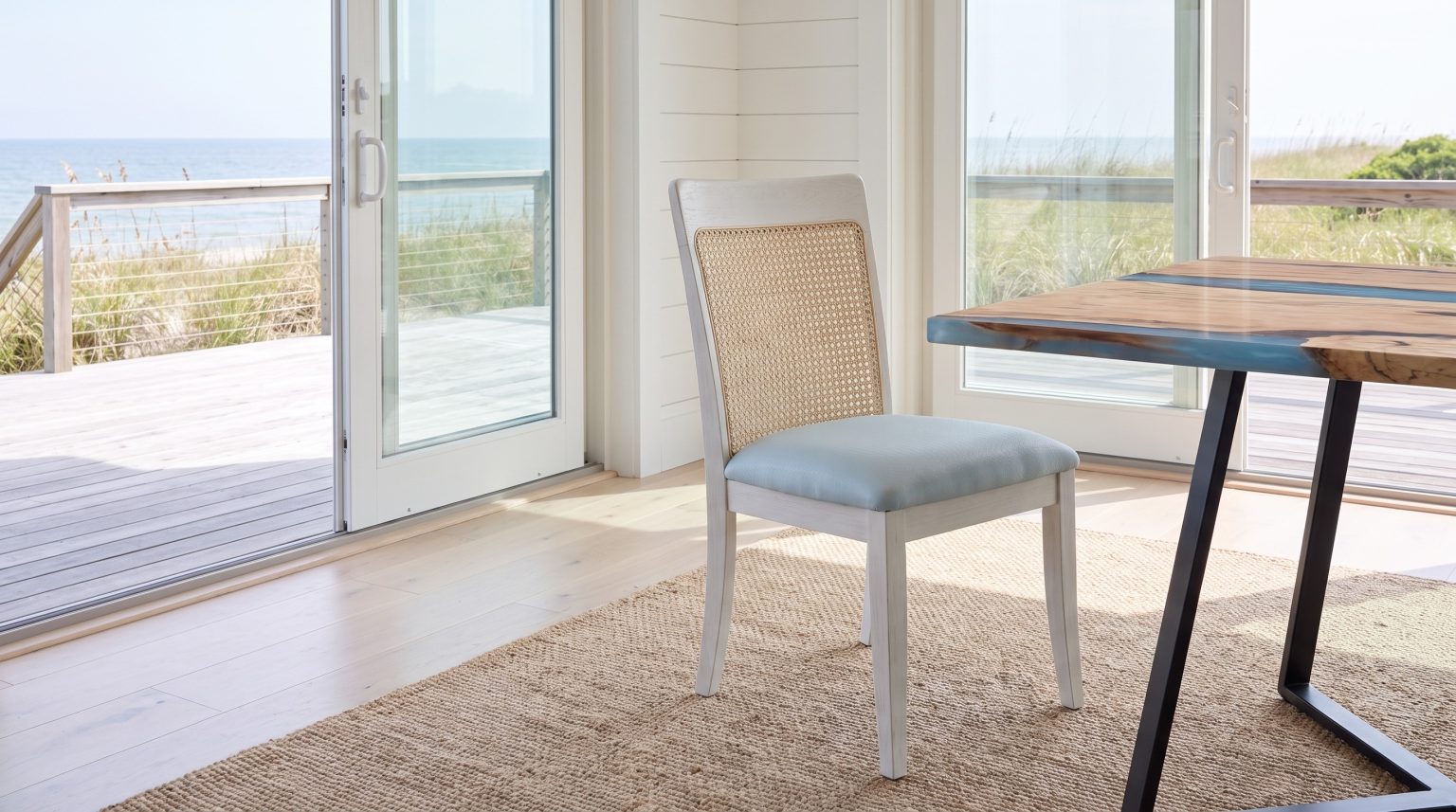 The cane-back chair: White frame, natural cane back and a powder-blue seat.