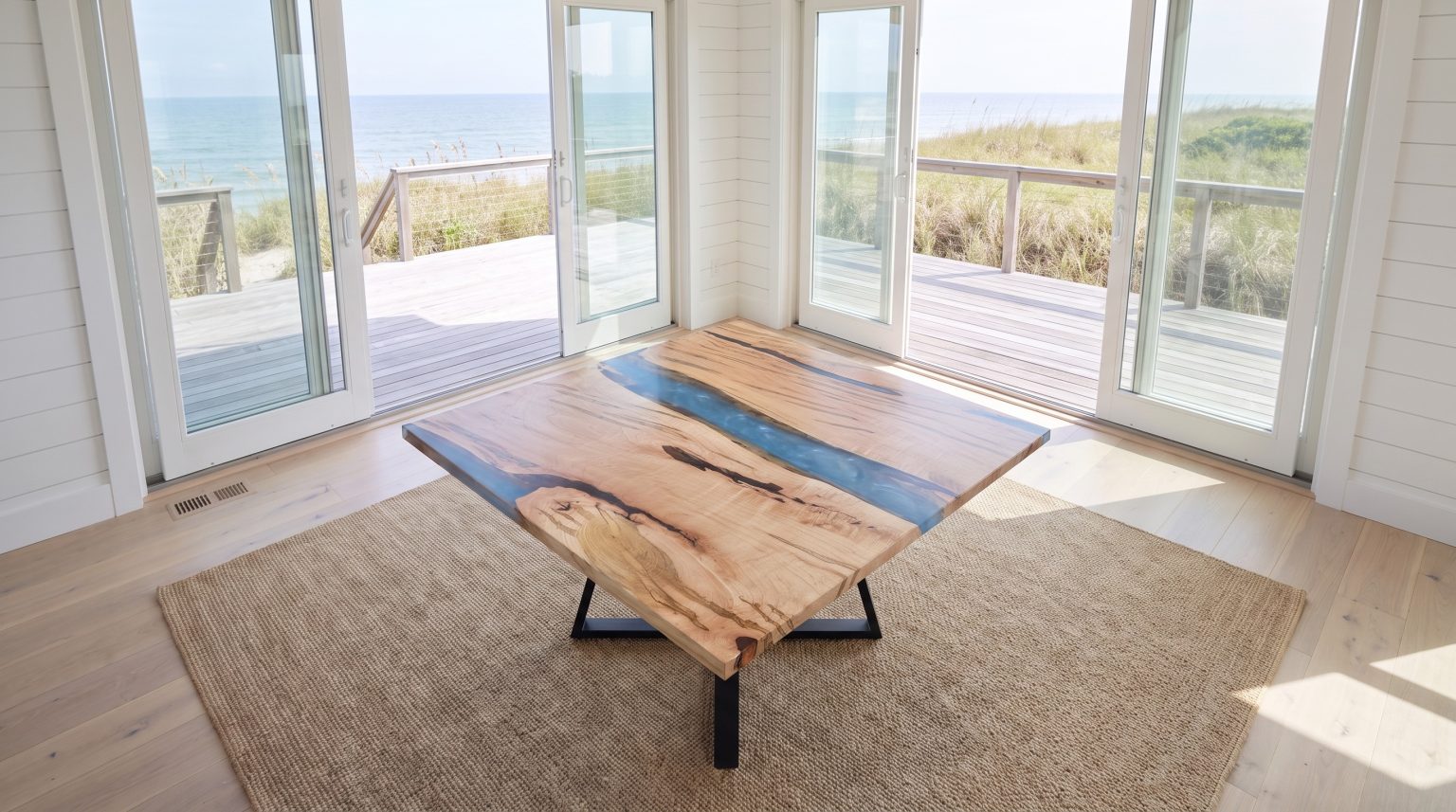 The square top: Pale spalted maple with the blue river running across.