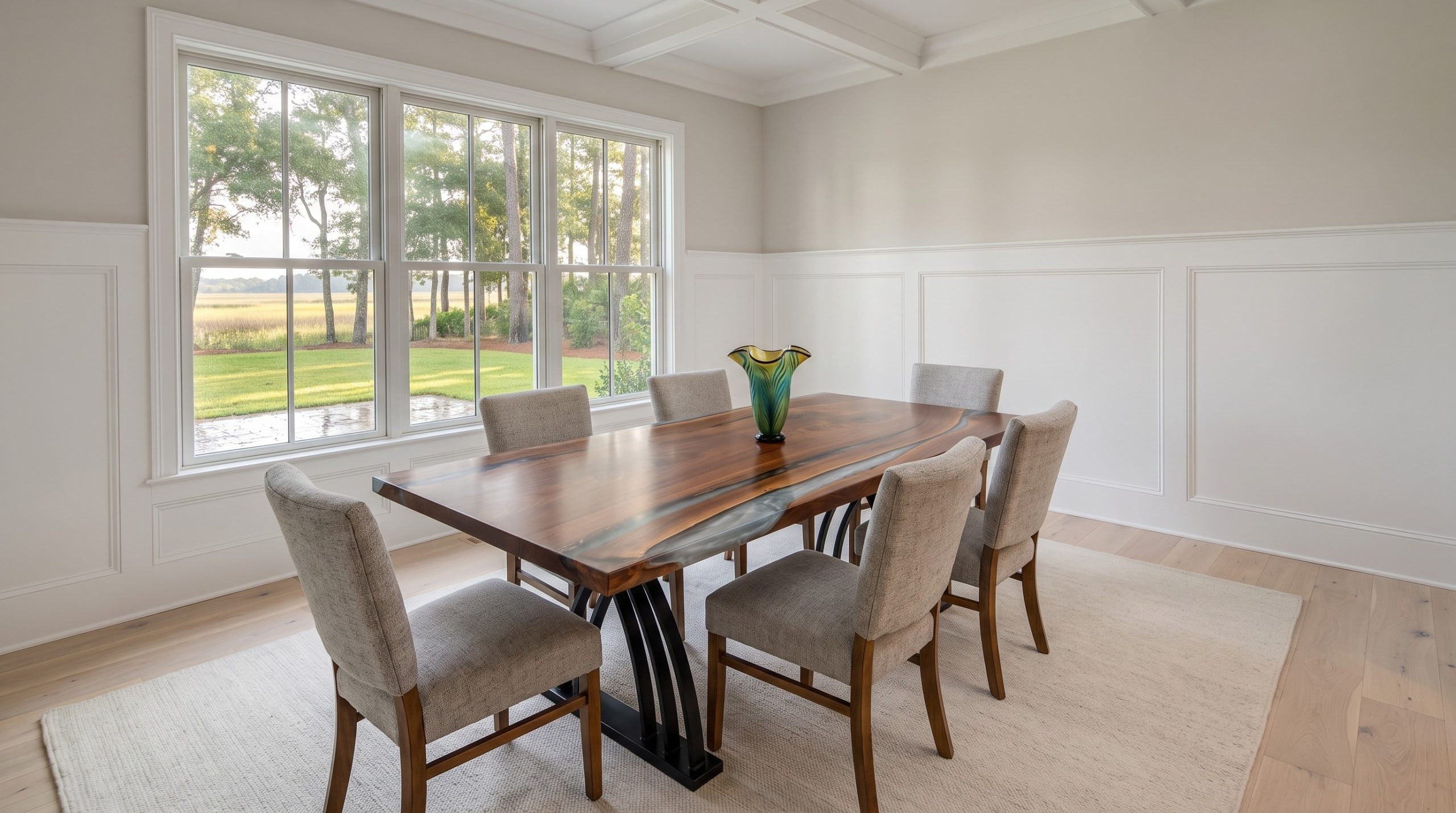 A long walnut dining table with a pale icy resin river along one side and six oatmeal tweed side chairs in a Daniel Island dining room with white wainscoting.