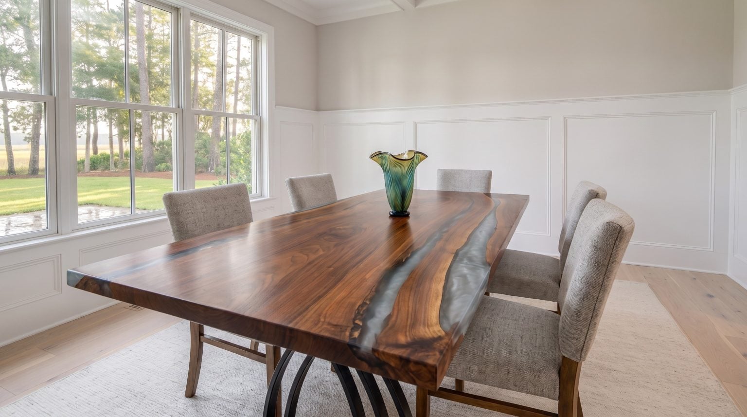 The river table: Walnut with the pale river running close to one long edge.