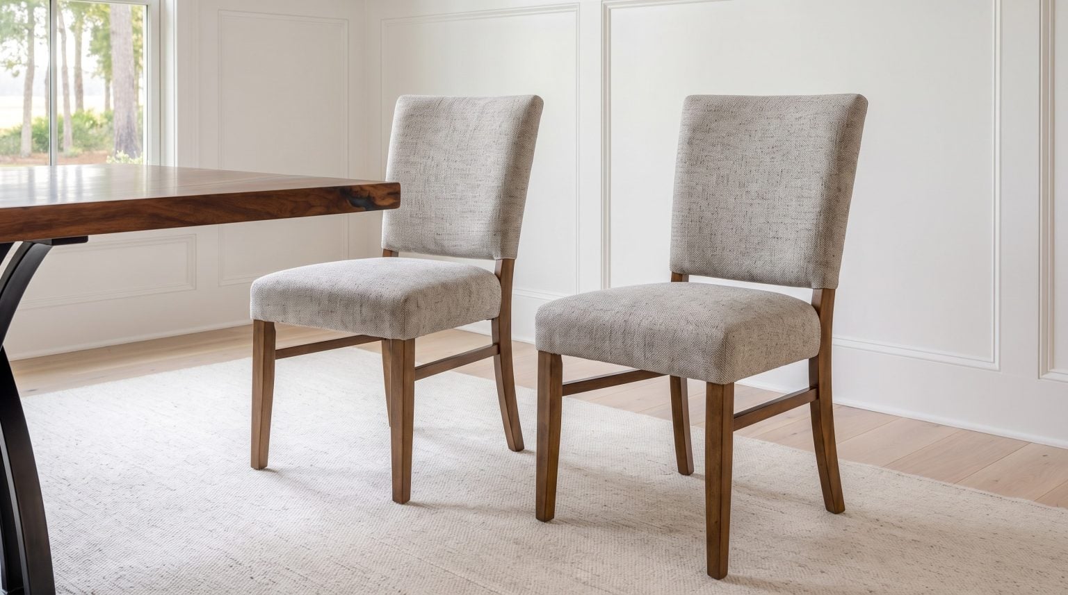 The tweed side chairs: Oatmeal tweed backs and seats on walnut legs with a stretcher.