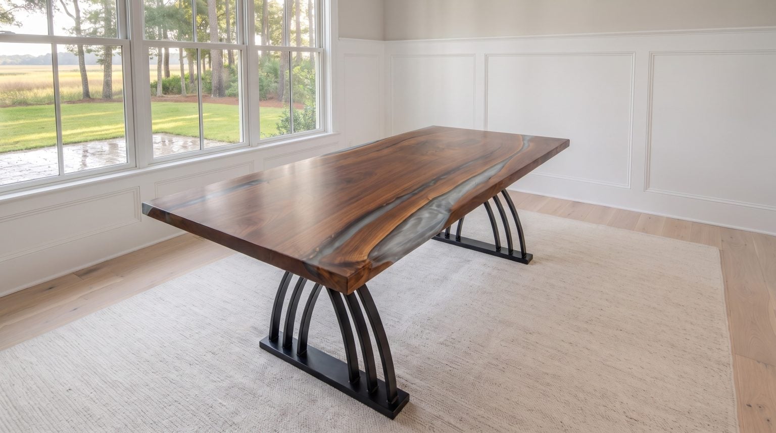 The arched base: Curved black steel ribs rising from a flat foot.