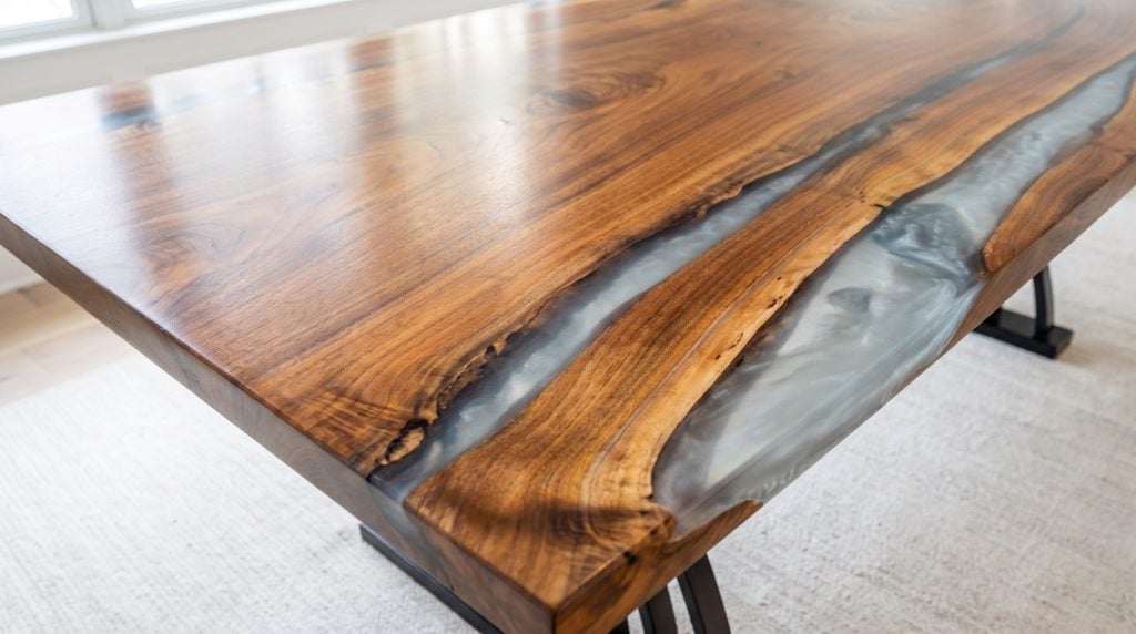 The icy river: Pale gray-blue resin meeting a walnut live edge.