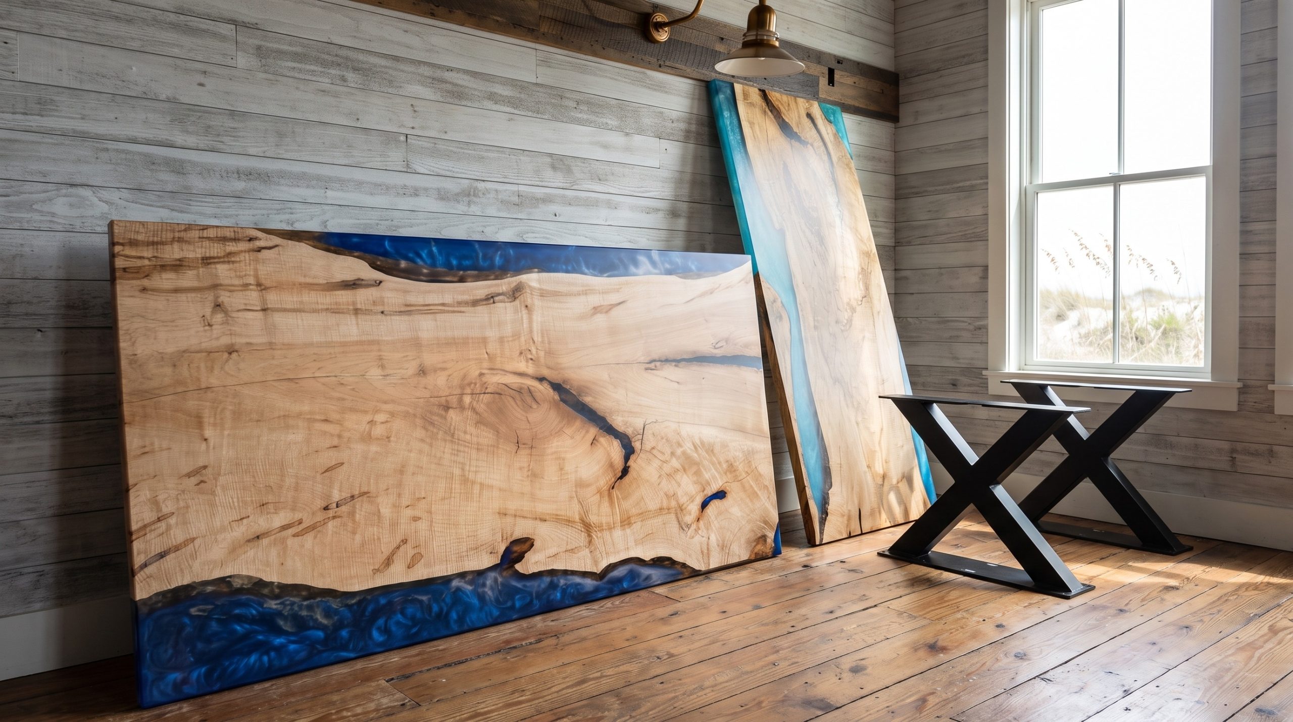 Two finished river tabletops leaning against a weathered plank wall, one curly maple edged in cobalt resin and one with turquoise resin, with two black X-shaped steel bases on the floor.