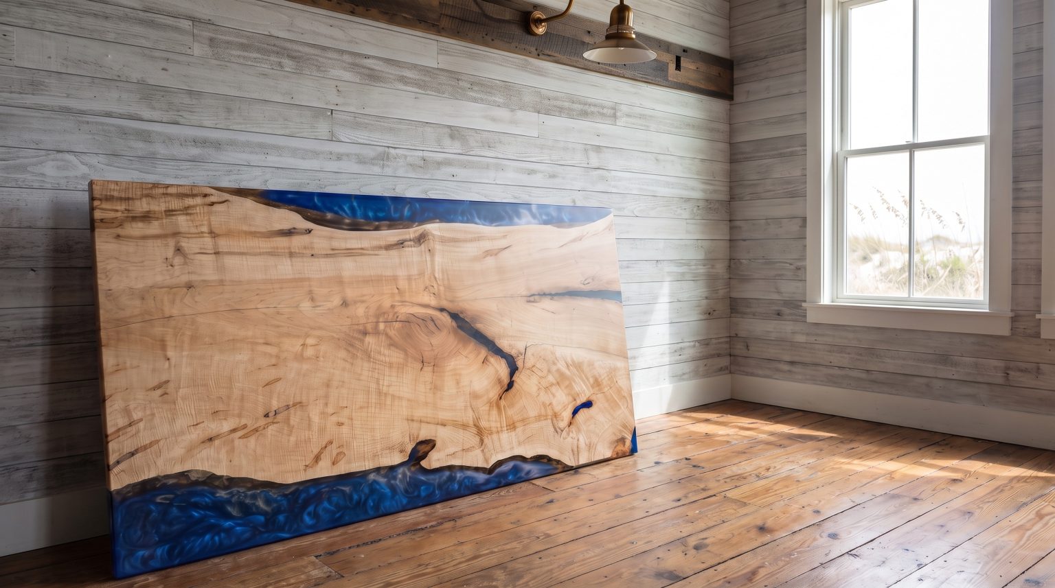 The cobalt top: Curly maple with cobalt resin along both long edges.