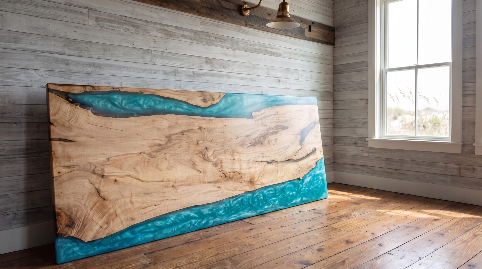 The turquoise top: Blond maple with a turquoise resin river along one edge.