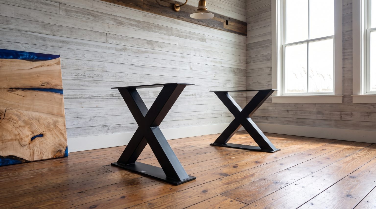 The X bases: Two matte black crossed steel bases, ready for a top.