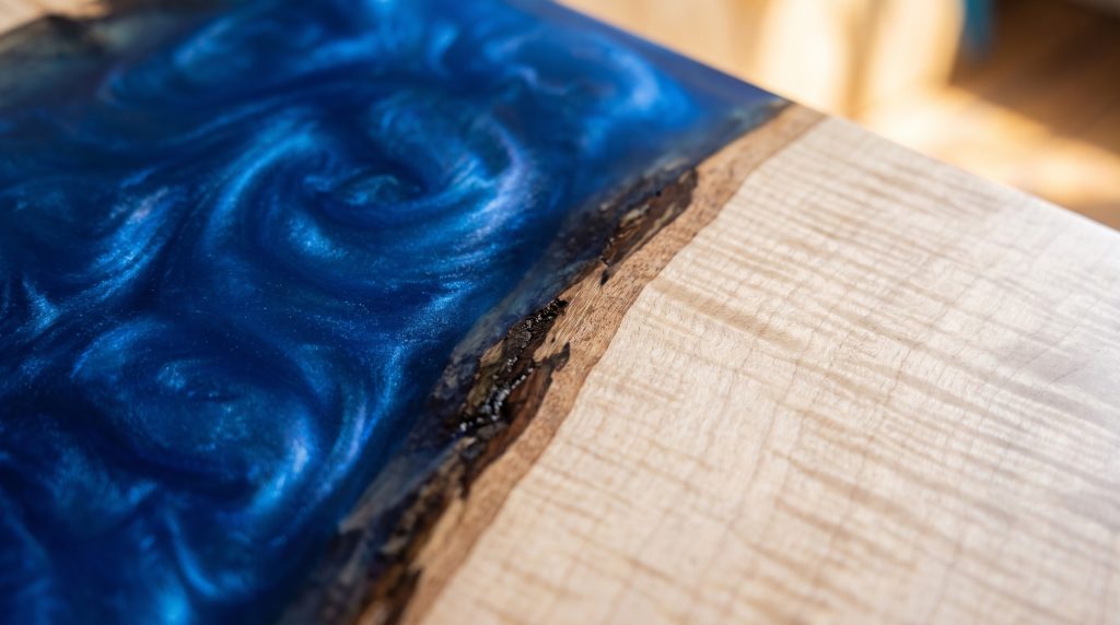 Cobalt at the edge: Swirling cobalt resin meeting the bark line of the maple.